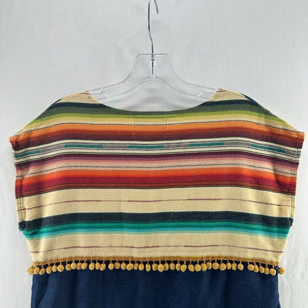 Silverado Southwestern Top Womens XS Boho Piper Pom Pom Trim Serape Striped Blue - Picture 5 of 9